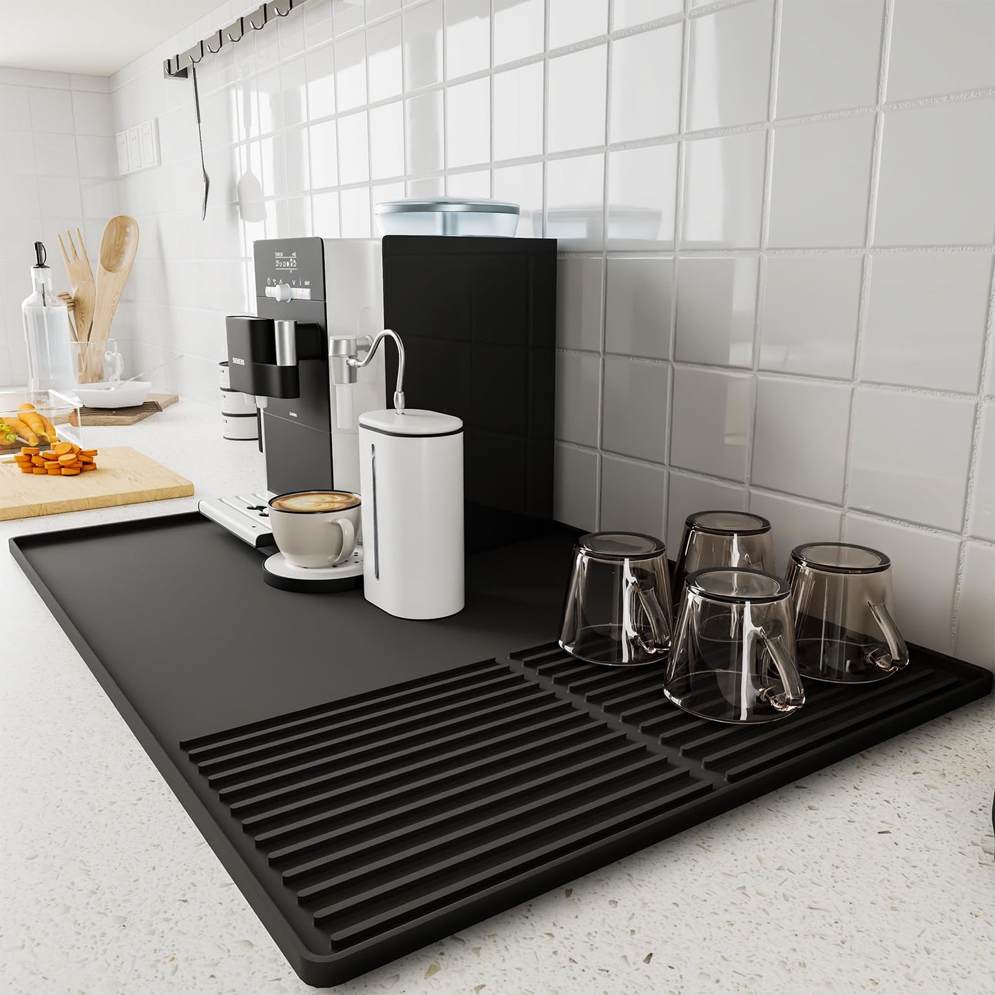 Silicone Coffee Mat with Raised Edges  24 x 16 Coffee Bar Mat for Countertops Coffee Bar Accessories Fit Under Coffee Maker Espresso Machine Dish Drying Mat (BLACK)